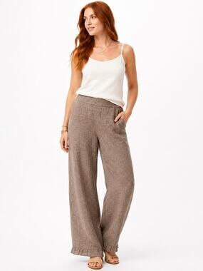LR4309 Chicos Linen Blend Pull On Crop Pants Size 0 Taupe Brown Wide Leg Casual